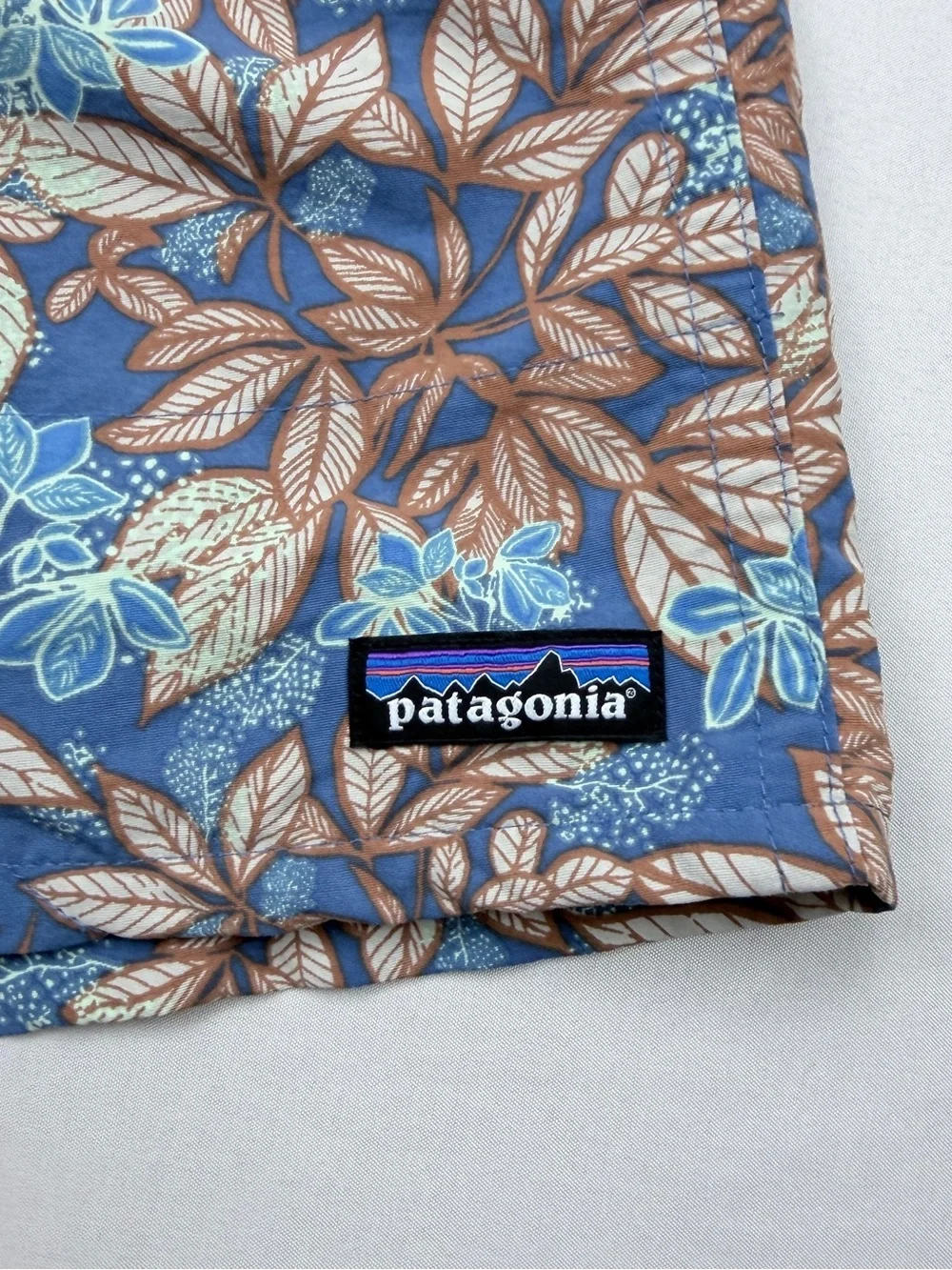 Patagonia Blue and Brown Leaf-Print Swim Trunks